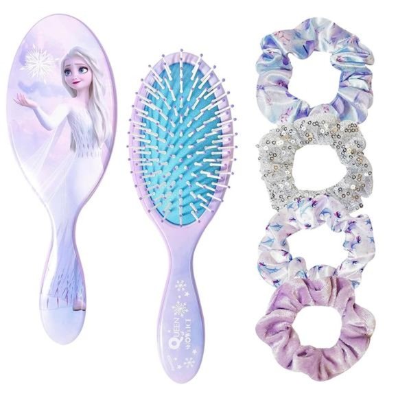Frozen Princess Elsa Hair Brush For Girls Scrunchies & Detangling Brush 5 Pcs - Picture 1 of 7